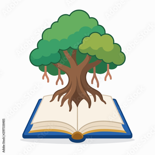 Cartoon vector illustration of a banyan tree on a book against a plain background.