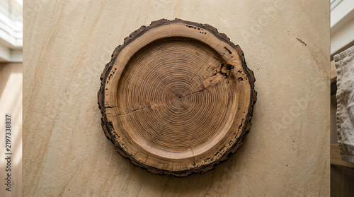 Circular Natural Wood Tree Stump Plate on Rustic Stone Tabletop Overhead View