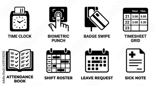 Set of human resources and employee attendance icons featuring time tracking and record management attendance employment tracking timesheet biometric business management employee resources