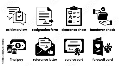 Set of employee offboarding and resignation process icons with offboarding resignation interview clearance handover reference certificate farewell business employment contract documentation