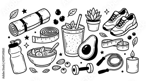 Wellness and Healthy Lifestyle Doodle Art Vector Illustrations