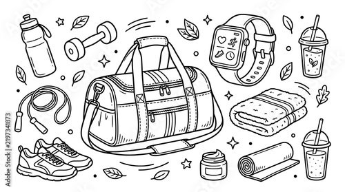 Gym Bag Towel and Smartwatch Wellness Doodle Bundle Vector Art