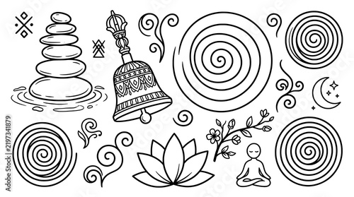 Mindfulness Doodles Zen Stone Stack and Bell Line Art