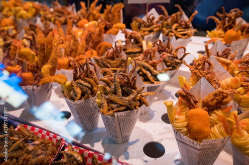 Variety of Traditional Spanish Seafood For Takeaway at the Famous La Boqueria Market in Barcelona