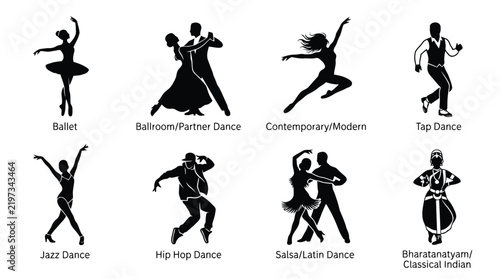 Black and white dance style icons set illustration isolated on white background
