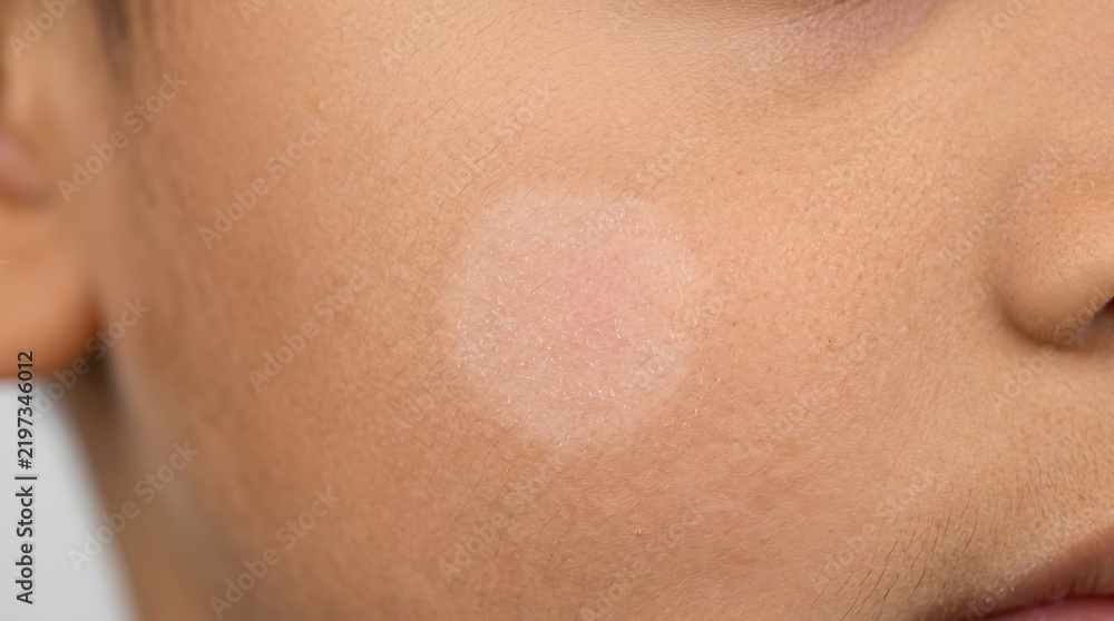 Obraz premium Close-up of a circular hypopigmented dry patch on human facial cheek, pityriasis alba or early vitiligo