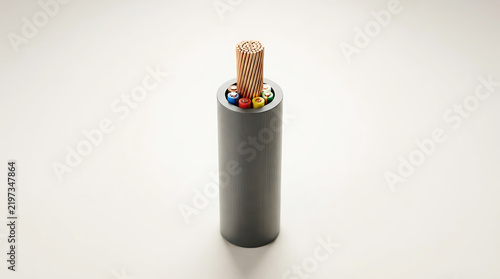 Close up of a thick industrial electrical cable with exposed copper wire strands inside