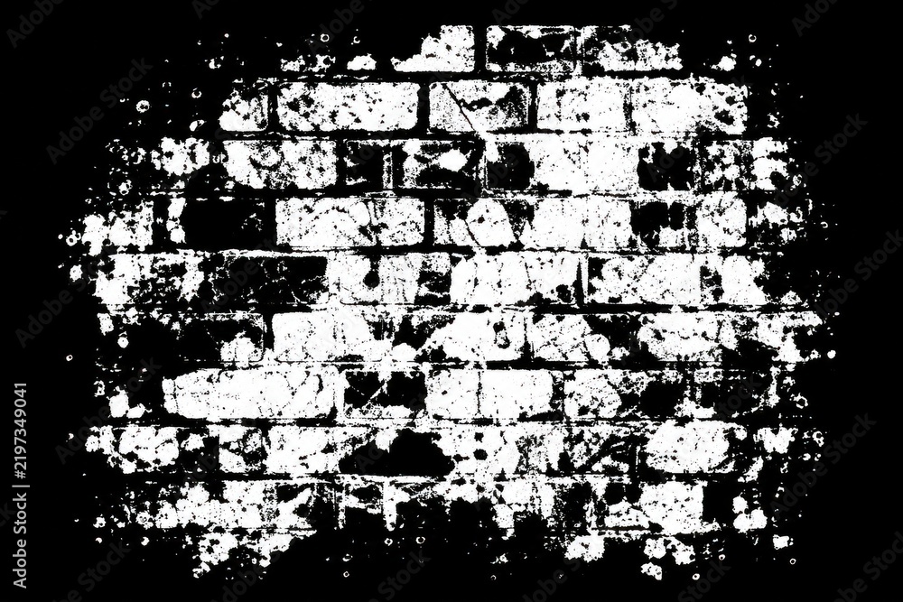 Fototapeta premium Distressed Brick Wall Grunge Texture with Cracked White Paint, Rough Ink Splashes and Black Background