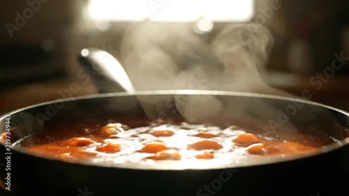 Tomato Sauce Simmering and Steaming in Frying Pan. 4K Video