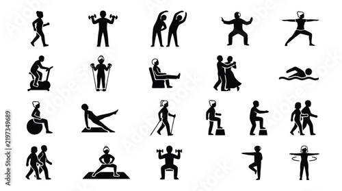 Set of human fitness and physical exercise icons in black silhouette vector graphics isolated on white background