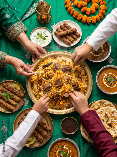 Overhead view of hands sharing a vibrant South Asian biryani feast during an Eid al-Adha celebration, offering festive copy space.