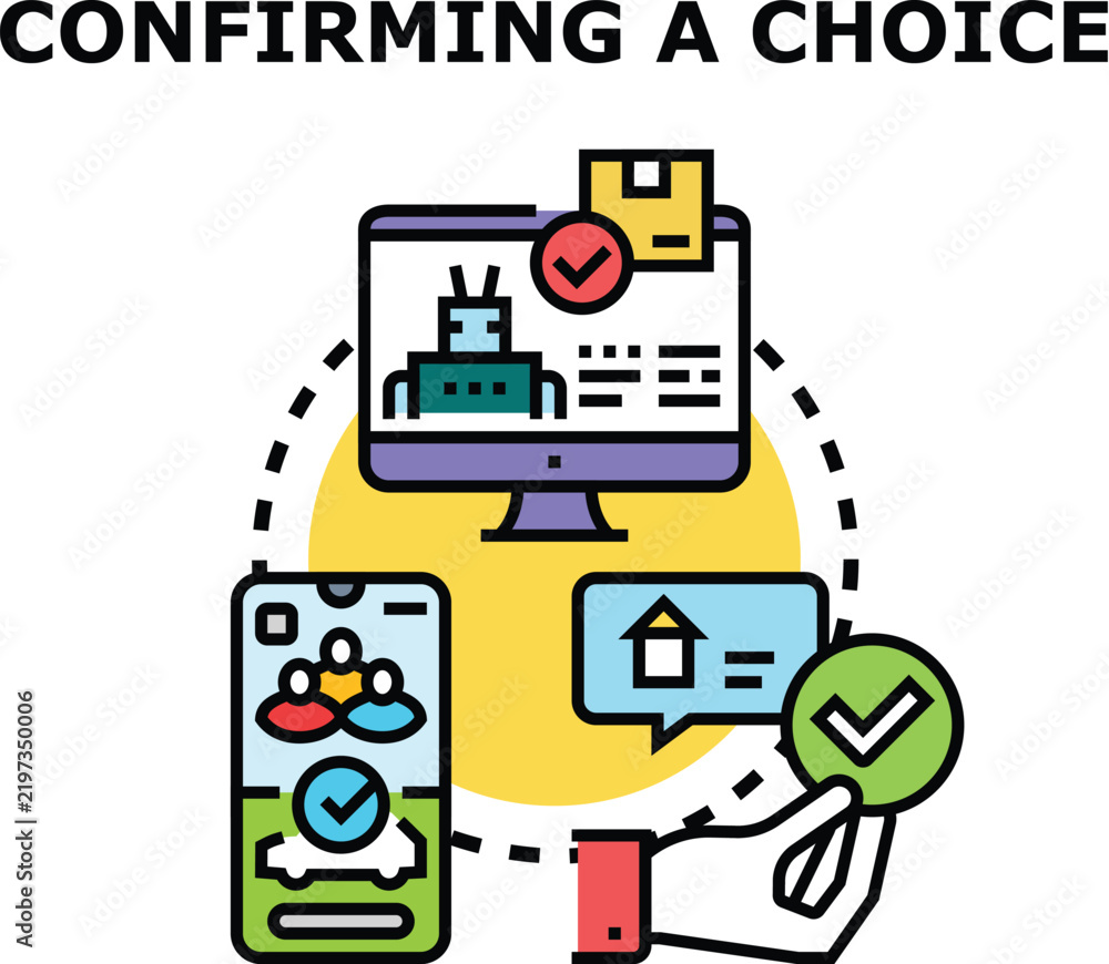 Obraz premium Hand holding a checkmark icon illustrating a confirmation process, with connected elements like a computer for online orders, a smartphone for user selection, and a message bubble for agreement