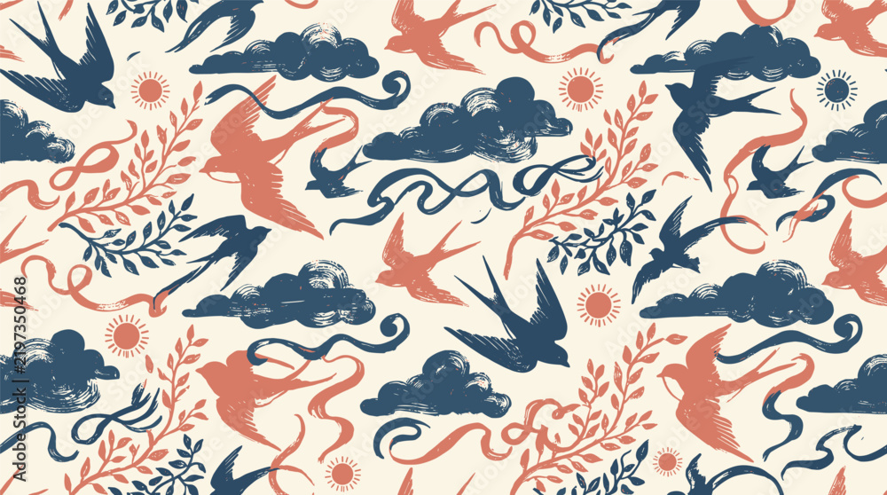 Obraz premium Seamless Repeat Pattern of Flying Swallows, Clouds, Tiny Suns and Leafy Branches in Vintage Style