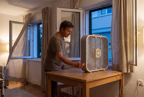 Man positioning box fan for nighttime cross ventilation