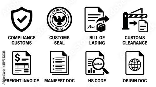 Set of customs and shipping document icons depicting compliance bills of lading freight invoices origin certificates with shipping document compliance clearance manifest collection official