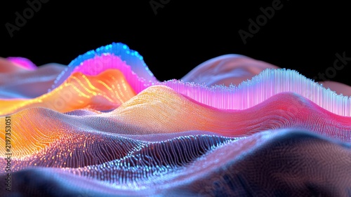 Hyper futuristic energy landscape with translucent fiber optic terrain glowing nodes and holographic glitch sky
