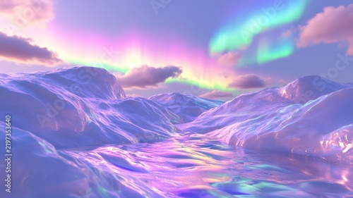 Icy tundra beneath vibrant aurora borealis over snow covered plains and distant mountain silhouettes
