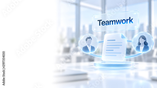 Teamwork White Desk with Holographic Teamwork Document Interface Flanked by Male and Female Profile Icons
