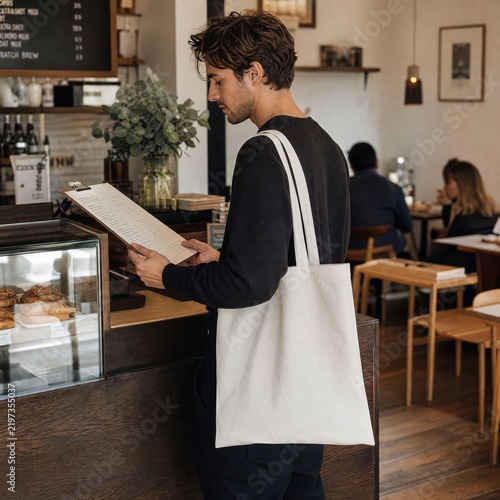 Man ordering food at a counter while wearing a black sweater and carrying a plain white tote bag.