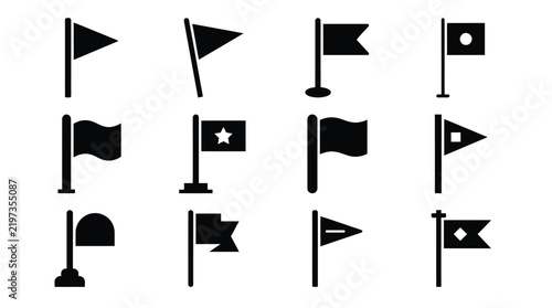 Collection of various black and white flag icons on transparent background
