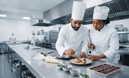 Professional chefs team decorating gourmet desserts pastry kitchen stainless steel counters culinary arts confectionery mastery fine dining creation expertise teamwork excellence