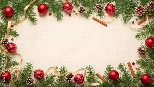 Christmas Decorations With Red Ornaments and Pine Branches on a Light Background