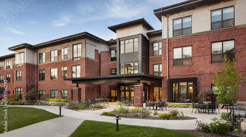 photorealistic architectural photograph of a generic contemporary senior living residence, welcoming low-rise building with warm brick facade, large windows, 