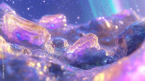 Jagged obsidian cliffs beneath magical aurora with glowing peaks floating rocks and radiant cosmic stars