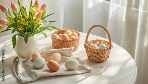 Colorful Eggs and Flowers on a Table During Bright Daylight in a Cozy Room