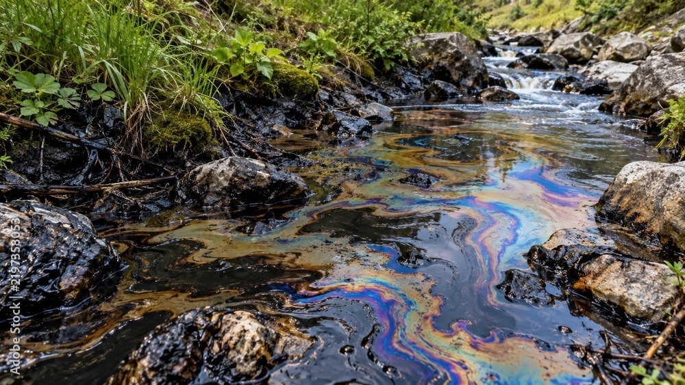 Obraz premium Oil Pollution Spreading Across Rocky Mountain Stream With Iridescent Contamination on Flowing Water