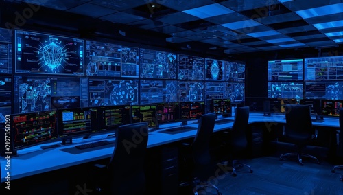 Control Room With Multiple Screens Showing Data and Graphs