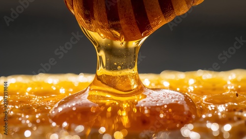 Dripping Honey Pouring From a Wooden Dipper Onto Honeycomb During Bright Dayl...