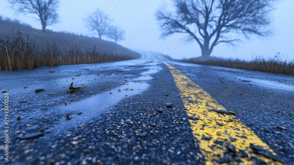 Obraz premium Lonely rural road through foggy hills with damp grass bare trees and blue morning light for noir thriller scenes