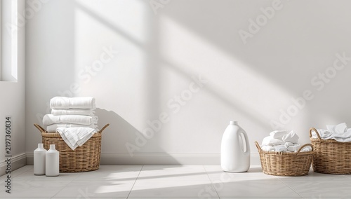 Bright Room With Laundry Baskets and Towels Stacked Neatly