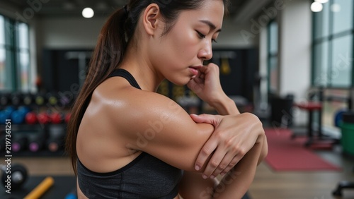 Asian fitness woman holding sore upper arm in gym after intense workout