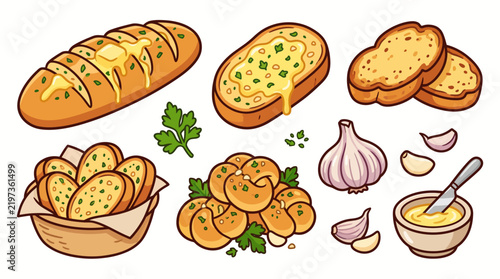 Garlic Bread Vector Set with Baguette, Toast, Garlic Knots, and Butter Bowl