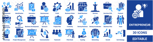 Entrepreneur icon set. Collection of entrepreneur, business vision, startup accelerator, project plan, strategy, funding, and exit strategy icons. Editable vector collection. 
