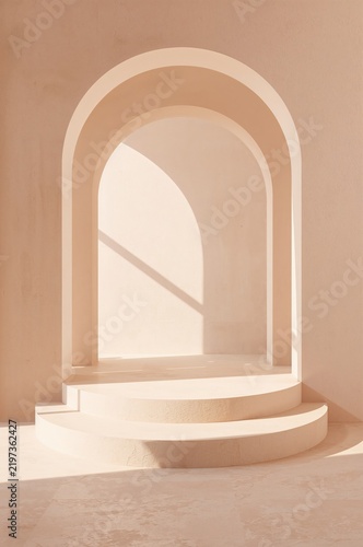 Archway and Steps in Soft Lighting Inside a Minimalistic Space