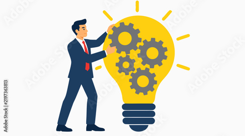 Businessman in suit assembling interlocking grey cog gears inside large glowing yellow incandescent lightbulb, business process engineering and creative ideas vector illustration on white