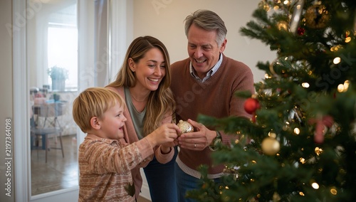 Family Decorates Christmas Tree Together in Cozy Home Setting