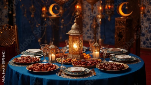 Dinner Gathering With Traditional Food and Lanterns at Night