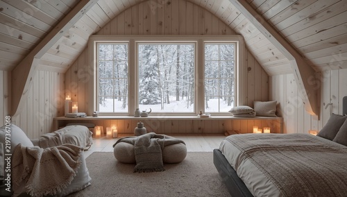 Cozy Attic Bedroom With Large Windows Overlooking a Snowy Landscape