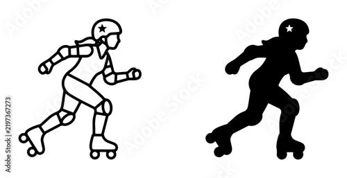 Obraz na plátně Roller Derby Athlete Vector Icons: Silhouette and Outline of Woman on Roller Ska