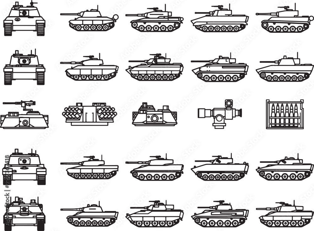 Obraz premium A collection of various tank illustrations, showcasing different military vehicle designs in a clear, organized grid.