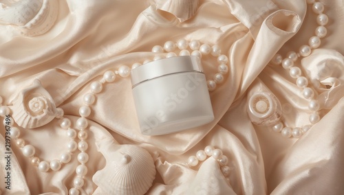 Skincare Product Placed on a Fabric Background With Shells and Pearls