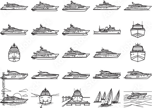 A collection of line drawings showcasing various luxury yachts and sailboats in different perspectives and scenic maritime settings.