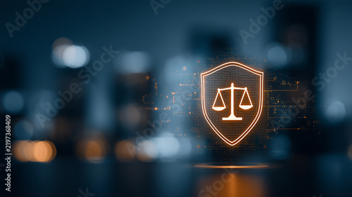 A digital shield containing scales of justice represents legal protection regulatory compliance and secure governance.
