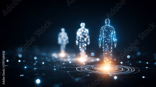 Digital human figures standing on a connected network represent virtual identity data connectivity and future digital society.
