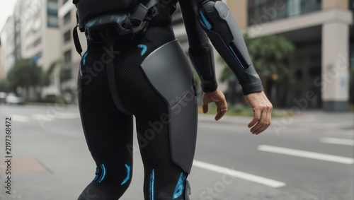 Person in Exoskeleton Walking on City Street.