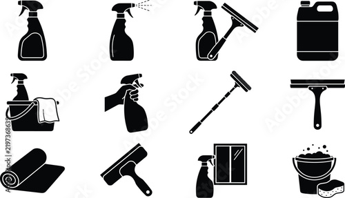 Window cleaning supplies and household janitorial service tools vector silhouette icons set with squeegee and spray bottles